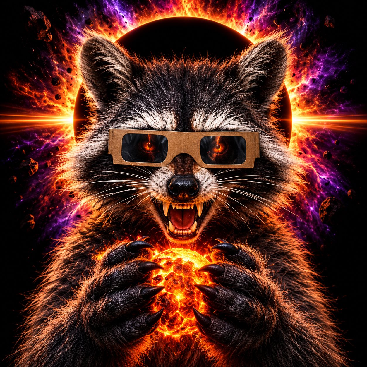 Savage Evil Jimothy raccoon wearing cardboard eclipse glasses, snarling and holding a blazing solar core in his claws in front of a total eclipse