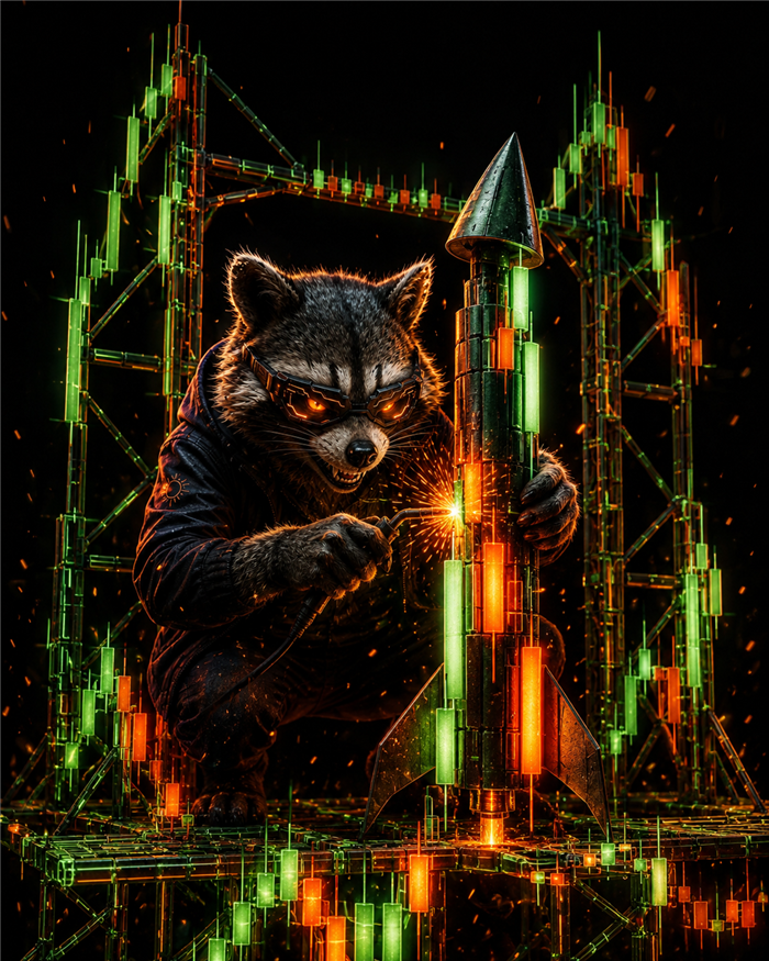 Evil Jimothy welding together a rocket built from trading chart candlesticks